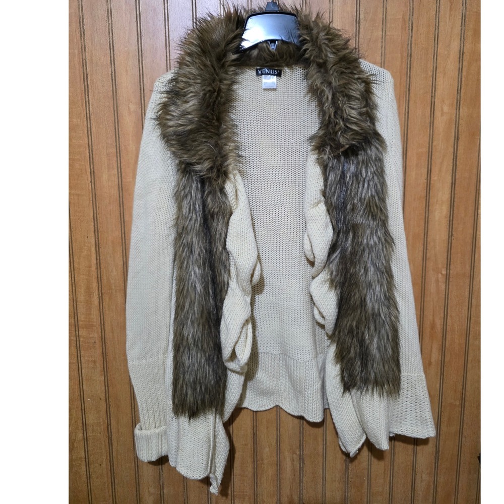 Venus Faux Fur Collar Cardigan Sweater Sz S Open Front Knit Cream Boho‎